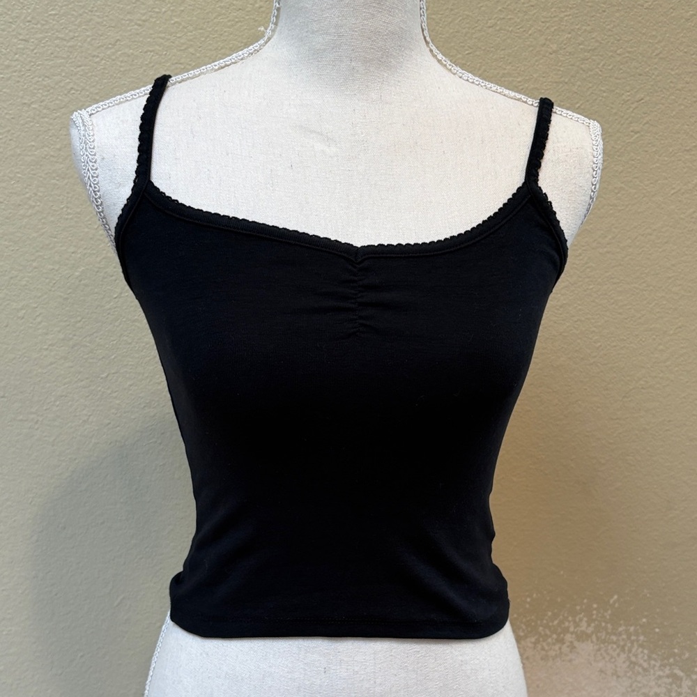 COTTON-ON Black Slim Ruched Camisole with Scallops Straps, Size  XS